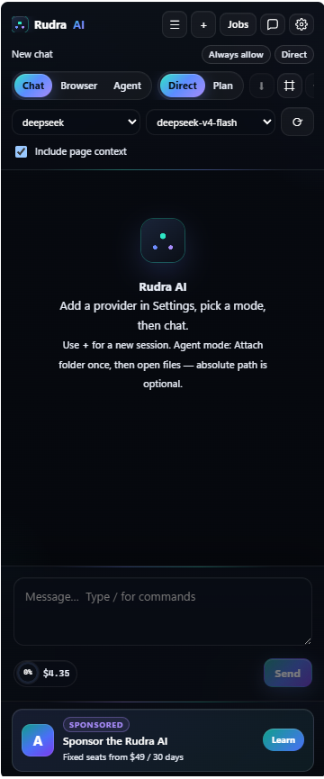 Rudra AI Chrome side panel showing multi-provider chat, Browser Agent mode, and tool activity