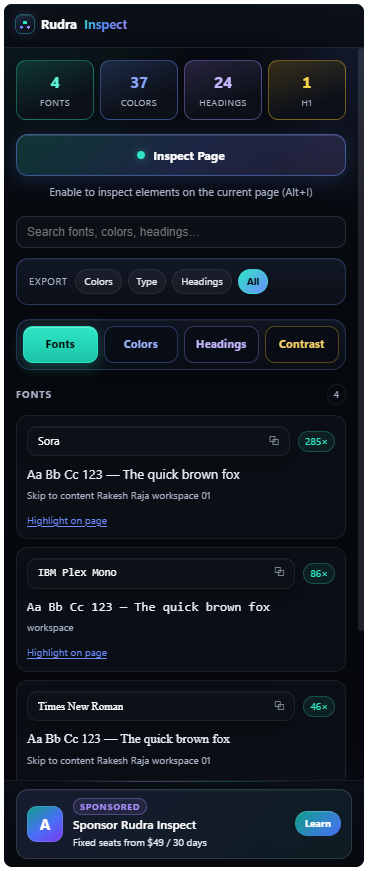 Rudra Inspect Chrome side panel with Fonts, Colors, Headings, and Contrast tabs