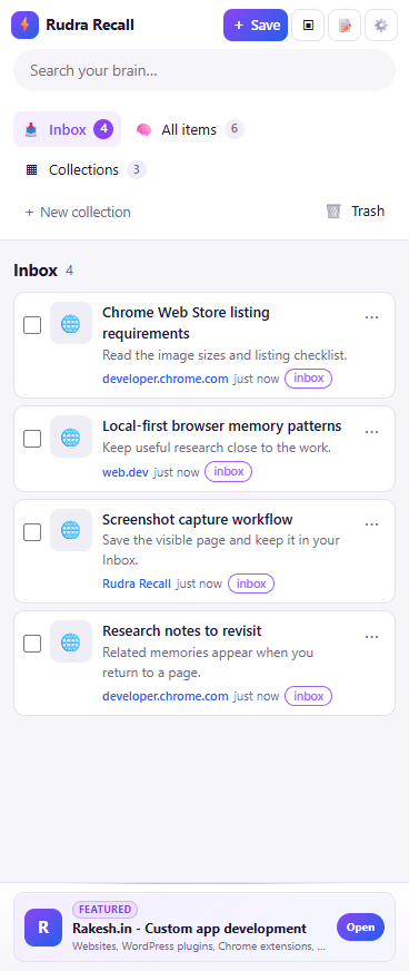 Rudra Recall Chrome side panel showing saved browser memories organized in a local Inbox